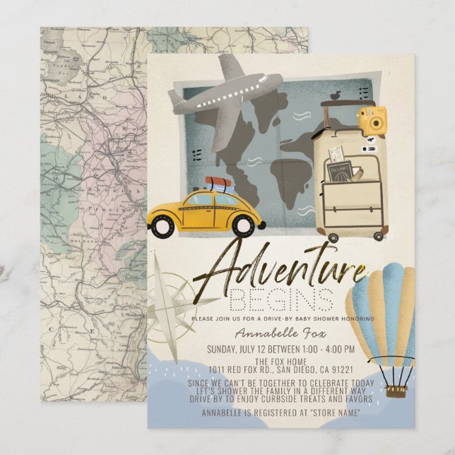 Adventure Begins Travel Map Drive-by Baby Shower Invitation (Front/Back)