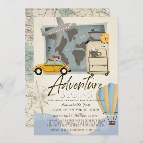 Adventure Begins Travel Map Drive_by Baby Shower Invitation
