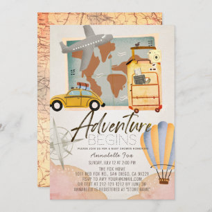 Adventure Begins Travel Map Pink Baby Shower Invitation