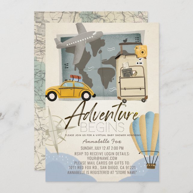 Adventure Begins Travel Map Virtual Baby Shower Invitation (Front/Back)