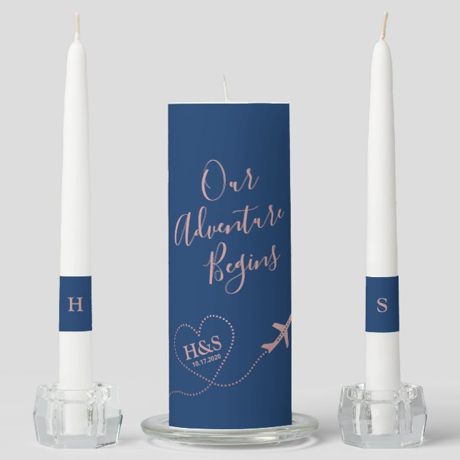 Adventure Begins Travel Monogram Rose Gold Navy Unity Candle Set (Front)