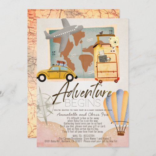 Adventure Begins Travel Pink Baby Shower by Mail Invitation