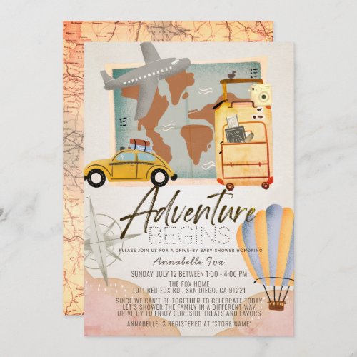 Adventure Begins Travel Pink Drive_by Baby Shower Invitation