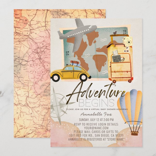 Adventure Begins Travel Pink Virtual Baby Shower Invitation (Front/Back)