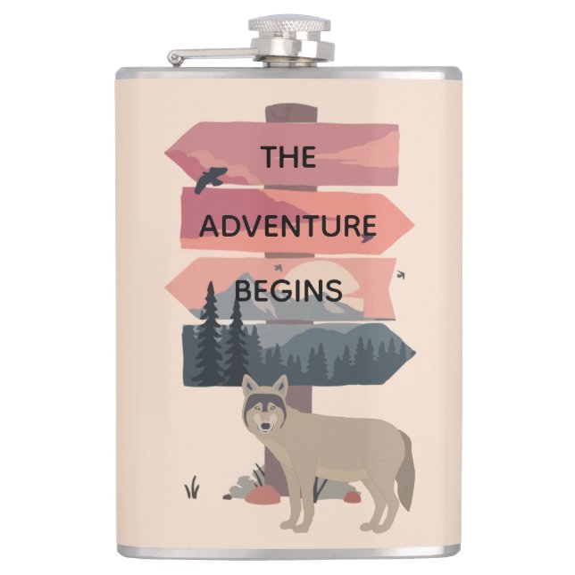 Adventure Begins Travel Sign Post Wilderness Flask (Front)