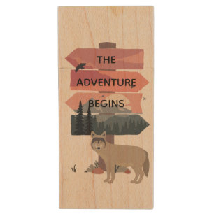 Adventure Begins Travel Sign Post Wilderness Wood Flash Drive