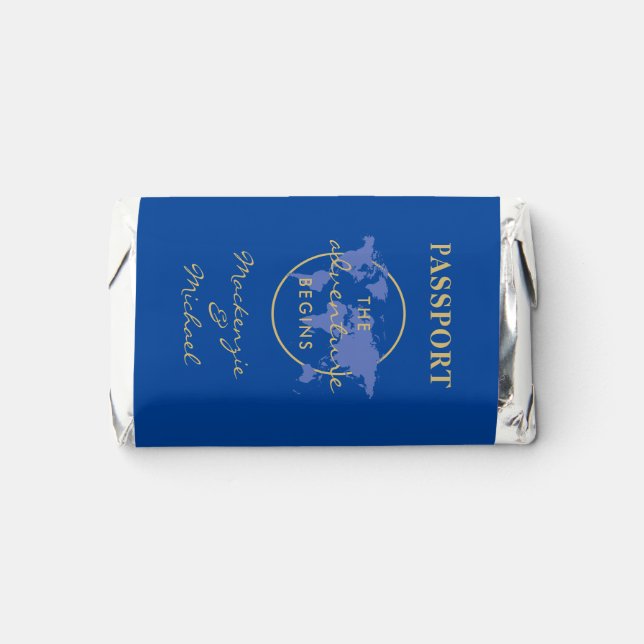 Adventure Begins Travel Theme Blue Gold Passport  Hershey's Miniatures (Front)