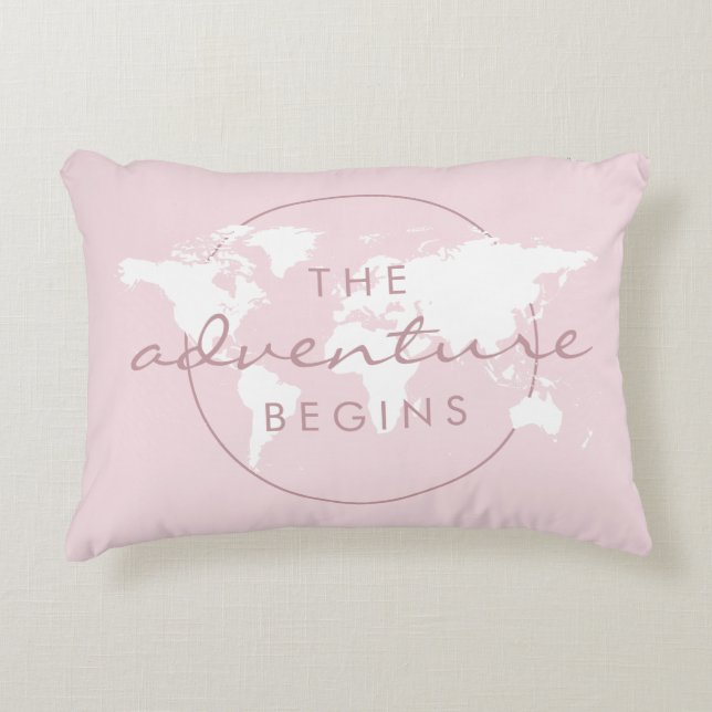 Adventure Begins Travel Theme Pink Accent Pillow (Front)