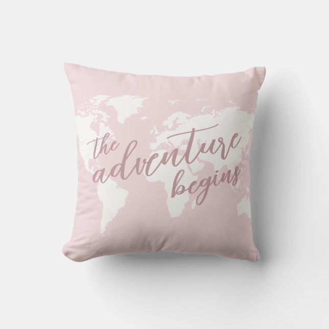 Adventure Begins Travel Theme Pink Throw Pillow (Front)