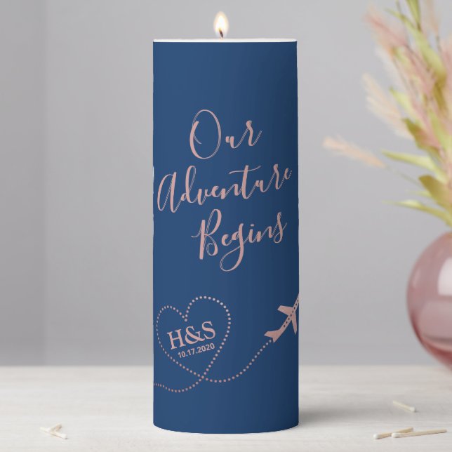 Adventure Begins Travel Theme Rose Gold Blue Pillar Candle (In Situ)