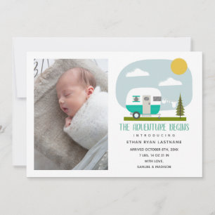 Adventure Begins Turquoise Camper Baby Birth Announcement