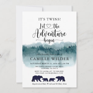 Adventure Begins Twins Watercolor Mountains Bears Invitation