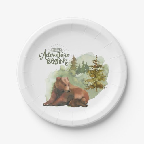 Adventure Begins Typography Rustic Bears Paper Plates