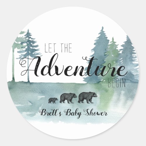 Adventure Begins Watercolor Bears Baby Shower  Classic Round Sticker