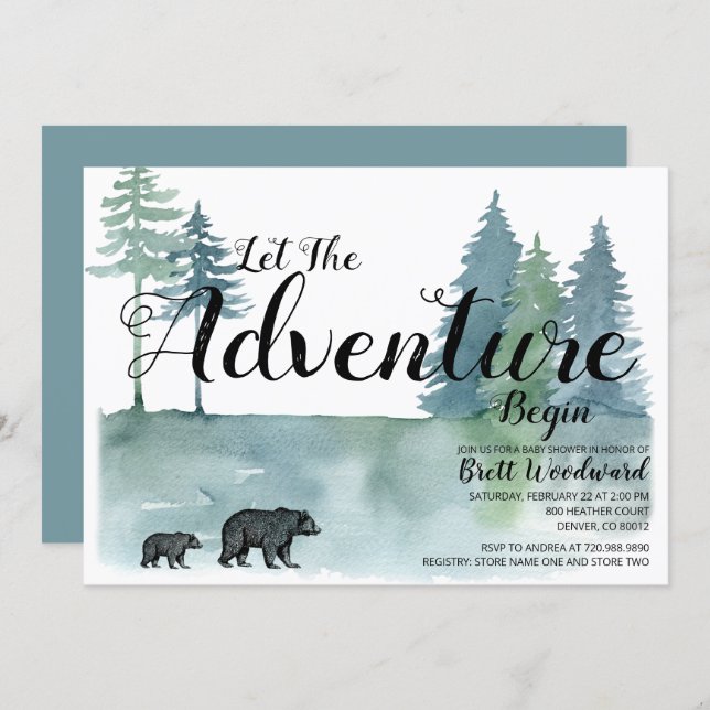 Adventure Begins Watercolor Bears Baby Shower Invitation (Front/Back)