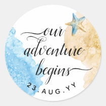 Adventure Begins Watercolor Coastal Beach Wedding Classic Round Sticker