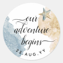Adventure Begins Watercolor Dusty Blue Wedding Classic Round Sticker