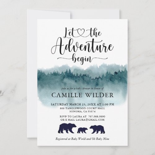 Adventure Begins Watercolor Mountains Bear Family Invitation