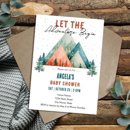 Adventure Begins Winter Mountains Baby Shower  Invitation