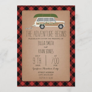 Adventure Begins Wood Panel SUV Canoe Wedding Invitation