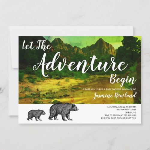 Adventure Begins Woodland Bears Green Baby Shower Invitation