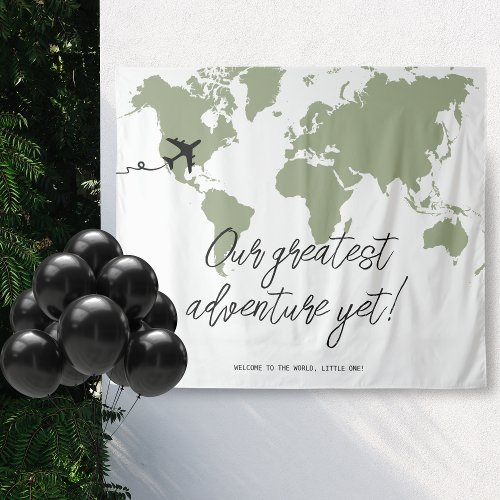 Adventure Begins World Map Baby Shower Sage Green Tapestry