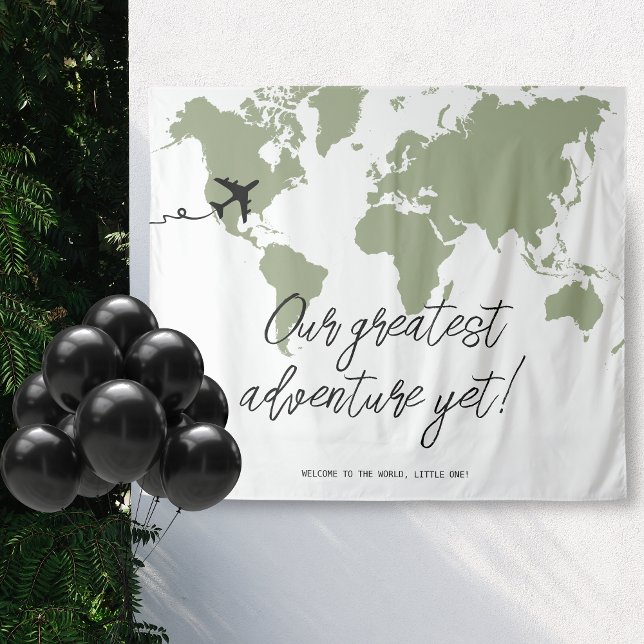 Adventure Begins World Map Baby Shower Sage Green Tapestry (Our greatest adventure yet, baby shower travel themed backdrop)