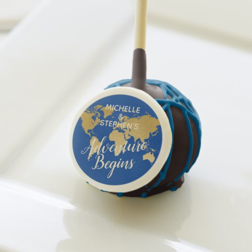 Adventure Begins World Map Blue Gold Personalized Cake Pops
