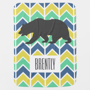 Adventure Blue Green Yellow Chevrons Bear & Name Stroller Blanket