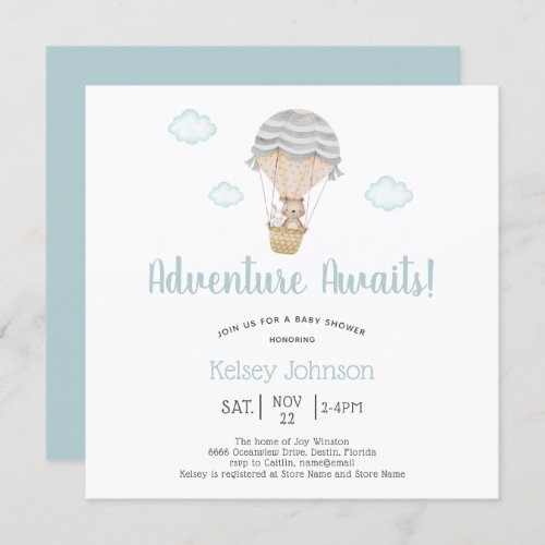 Adventure Blue Woodland Teddy Bear Baby Shower Invitation