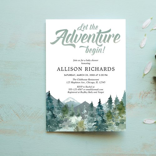 Adventure boy baby shower rustic forest woods invitation