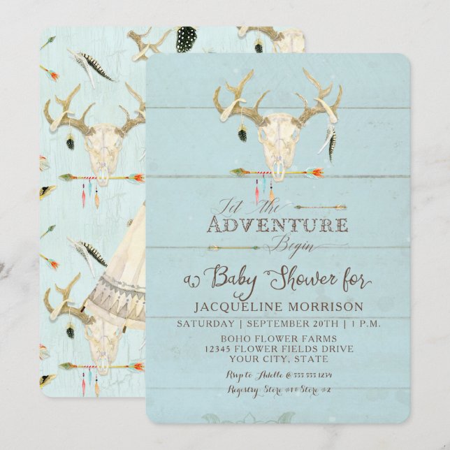 Adventure Boy Baby Shower Teepee Wood Arrows Deer Invitation (Front/Back)