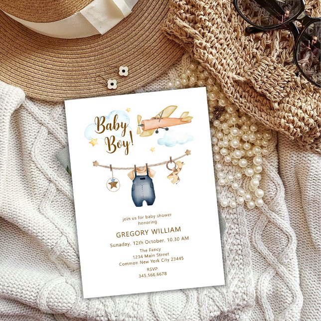 Adventure Boy Clothesline Airplane Sky Baby Shower Invitation (Adventure Boy Clothesline Airplane Sky Baby Shower Invitation)