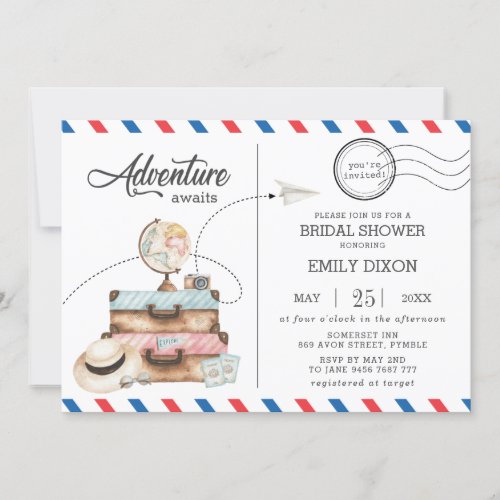 Adventure Bridal Shower Travel Voyage Postage Mail Invitation