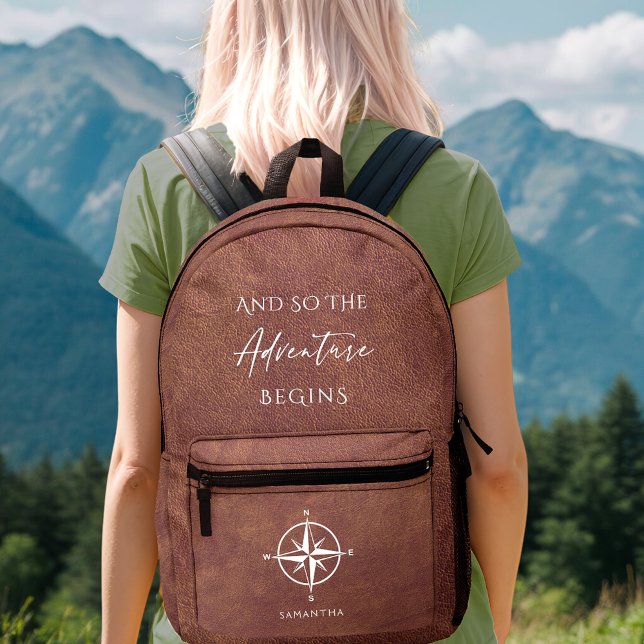 Adventure Brown Leather Travel Personalized Printed Backpack (Creator Uploaded)