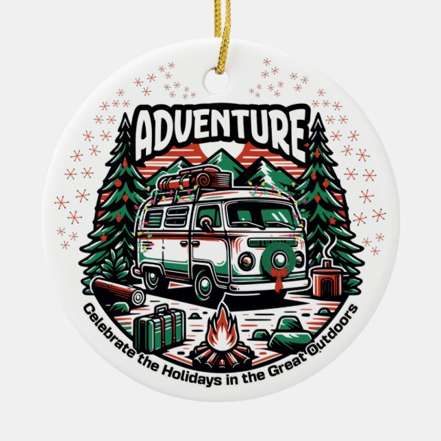 Adventure Camper Van Christmas Ceramic Ornament (Front)