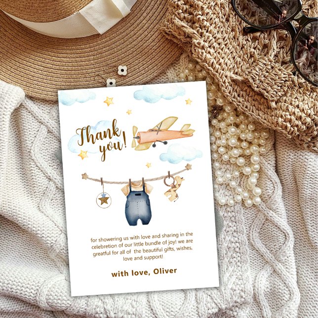 Adventure Clothesline Airplane Sky Baby Shower Thank You Card (Adventure Clothesline Airplane Sky Baby Shower Thank You Card)