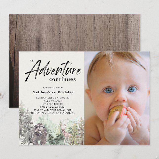 Adventure Continues Bear 1st Birthday Photo Invitation (Front/Back)