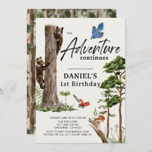 Adventure Continues Bear Forest 1st Birthday Invitation