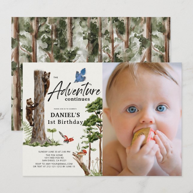 Adventure Continues Bear Forest 1st Birthday Photo Invitation (Front/Back)