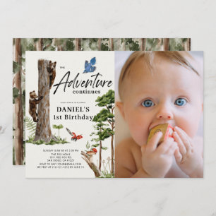Adventure Continues Bear Forest 1st Birthday Photo Invitation