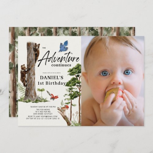 Adventure Continues Bear Forest 1st Birthday Photo Invitation