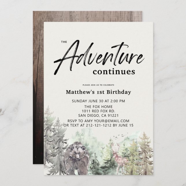 Adventure Continues Bear Mountain 1st Birthday Invitation (Front/Back)