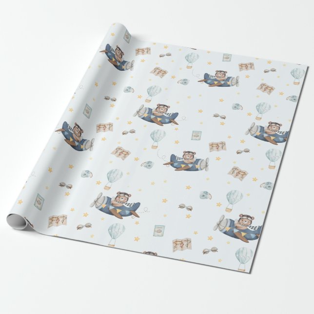 Adventure Cute Aviation Bear Blue Plane  Wrapping Paper (Unrolled)