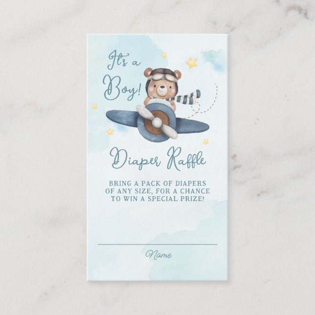 Adventure Cute Bear Blue Plane Baby Diaper Raffle Enclosure Card (Front)