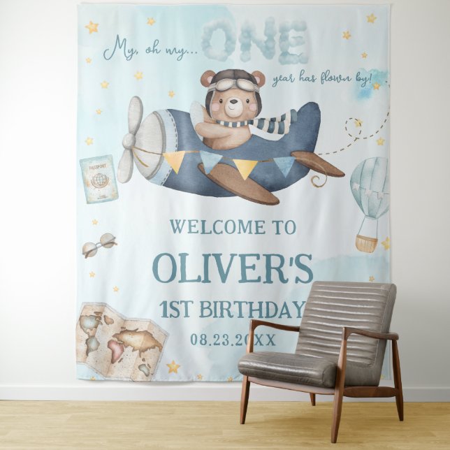 Adventure Cute Bear Blue Plane Boy 1st Birthday Tapestry (In Situ)