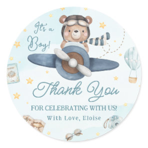 Adventure Cute Bear Blue Plane Boy Baby Shower Classic Round Sticker
