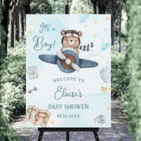 Adventure Cute Bear Blue Plane Boy Baby Shower