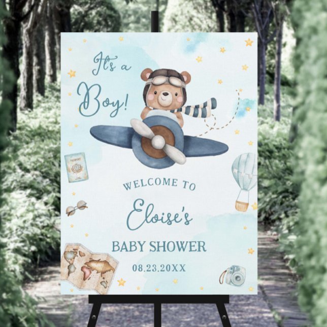 Adventure Cute Bear Blue Plane Boy Baby Shower Foam Board (Creator Uploaded)