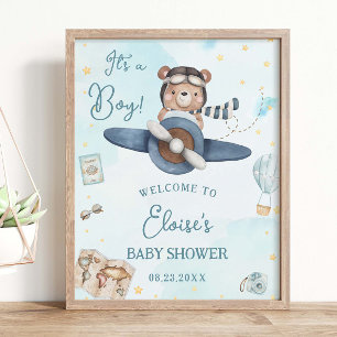 Adventure Cute Bear Blue Plane Boy Baby Shower Poster